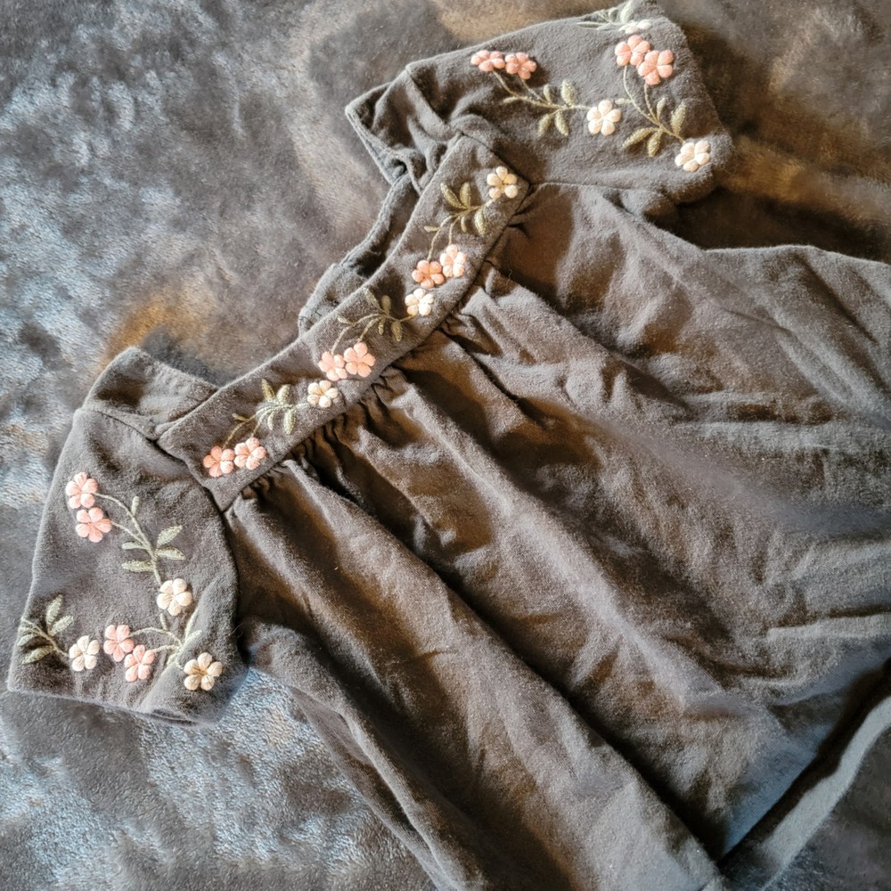 Baby Gap Embroidered Floral Top Girls 18-24M Gray Excellent Short Sleeve 878